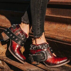 Freebird SALOON Red Croco Leather Western Ankle Booties, NIB